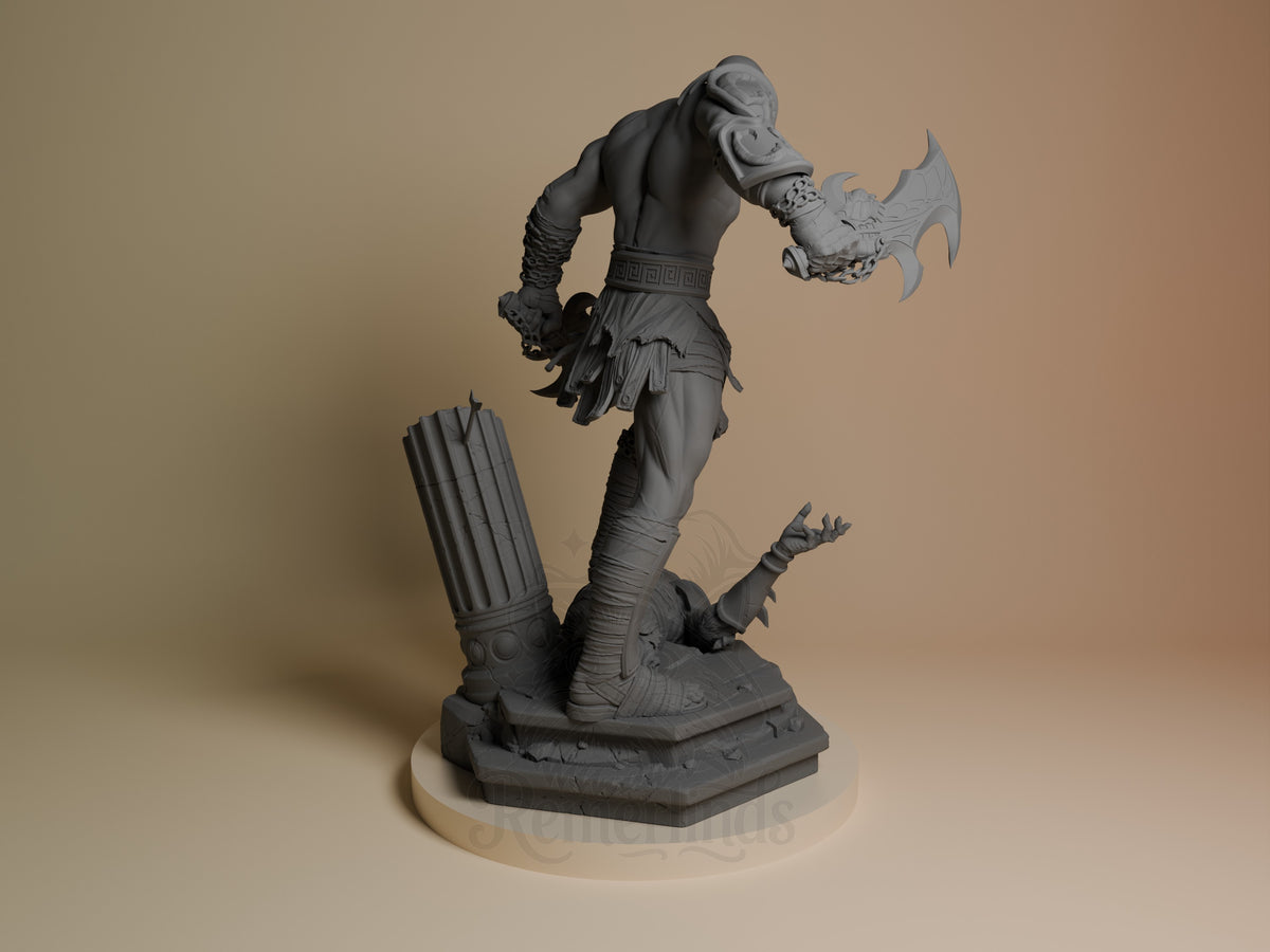 Kratos resin figure from God of War shown from back angle, wielding axe, standing on detailed base with unpainted gray finish.