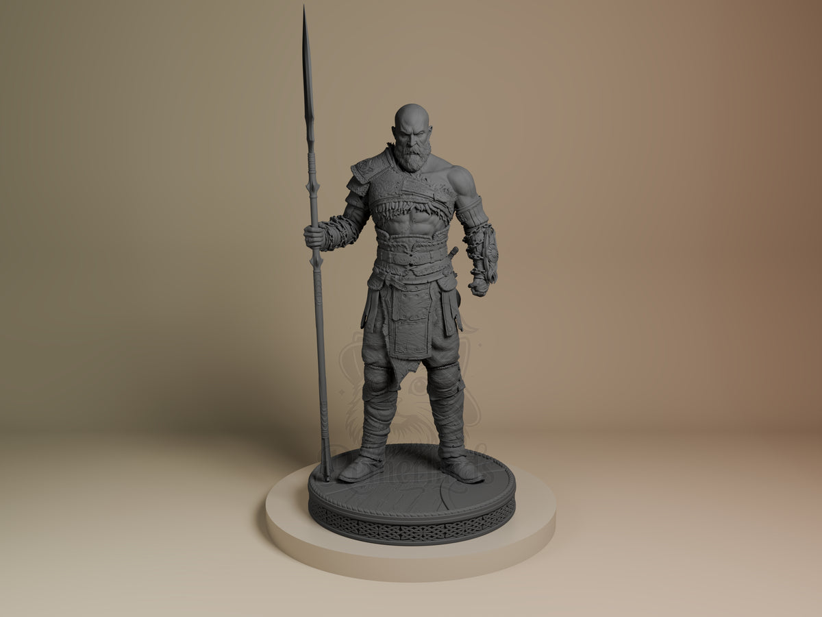 Kratos resin figure from God of War, unpainted gray, standing front-facing with spear, detailed armor and wrappings, circular base.