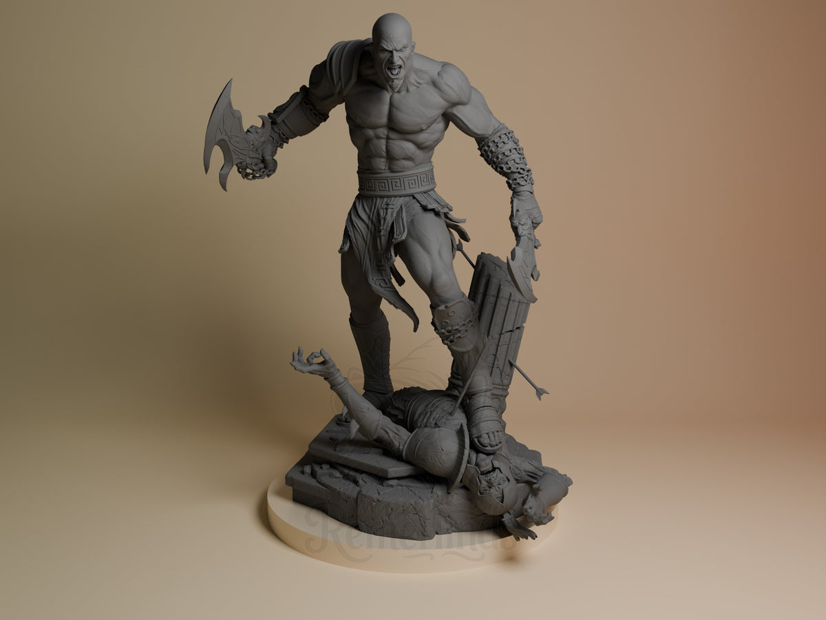 Kratos resin figure in aggressive stance, holding axe aloft, standing over fallen enemy on rocky base. Unpainted gray resin with detailed musculature and armor.