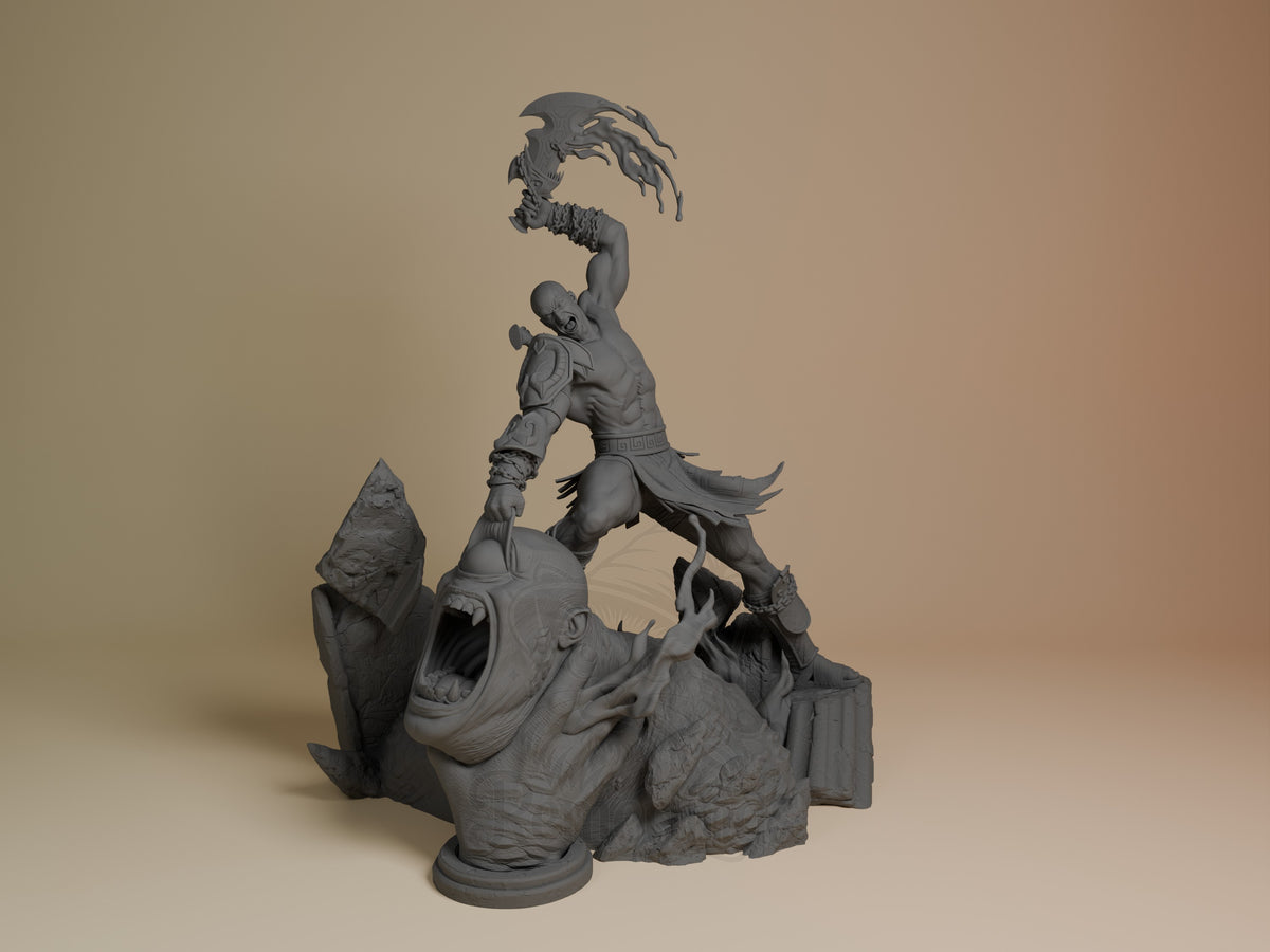 Kratos resin figure standing triumphantly on a beast base, holding the Leviathan Axe aloft, unpainted gray resin, front angle view.