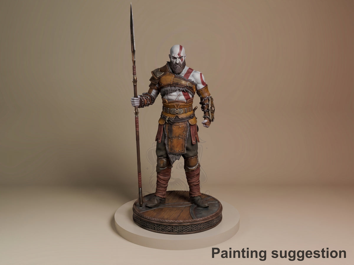 Kratos resin figure from God of War, front-facing stance with leviathan axe, painted in tan leather armor and white/red war paint on neutral base.