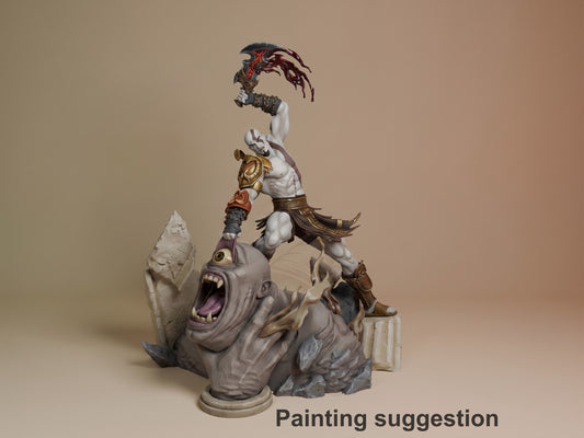 Kratos resin figure stacked in dynamic pose with beast base, white primer and metallic gold-brown paint details, shown as painting suggestion.