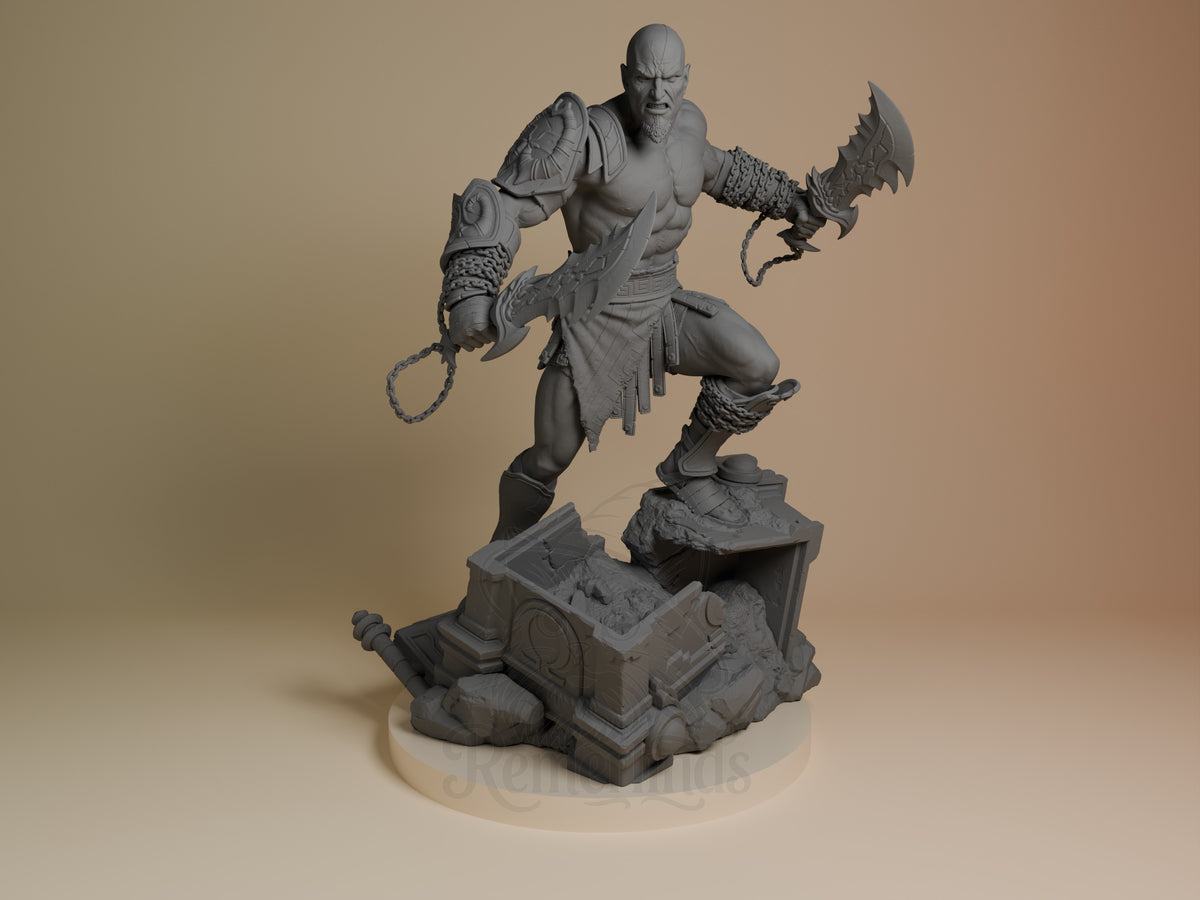 Front view of Kratos from God of War, an unpainted resin figure wielding chained blades on a sculpted base.