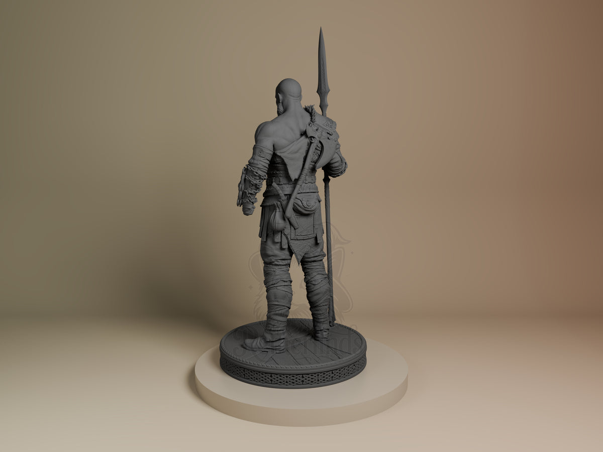 Kratos resin figure viewed from behind, holding spear upright, unpainted gray finish on decorative base, left profile angle.