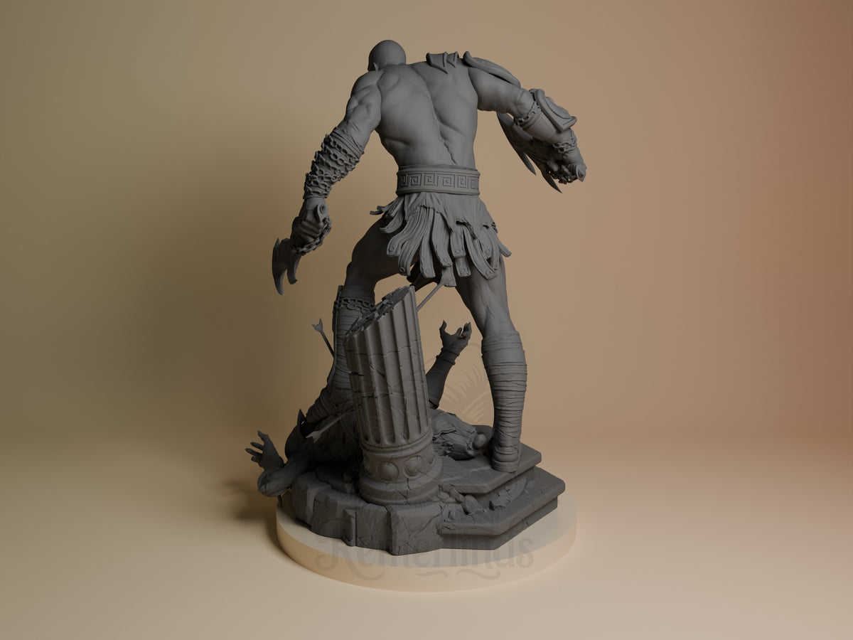 Kratos resin figure from God of War shown from the left side in dynamic pose, unpainted gray detail, standing on ornate base.