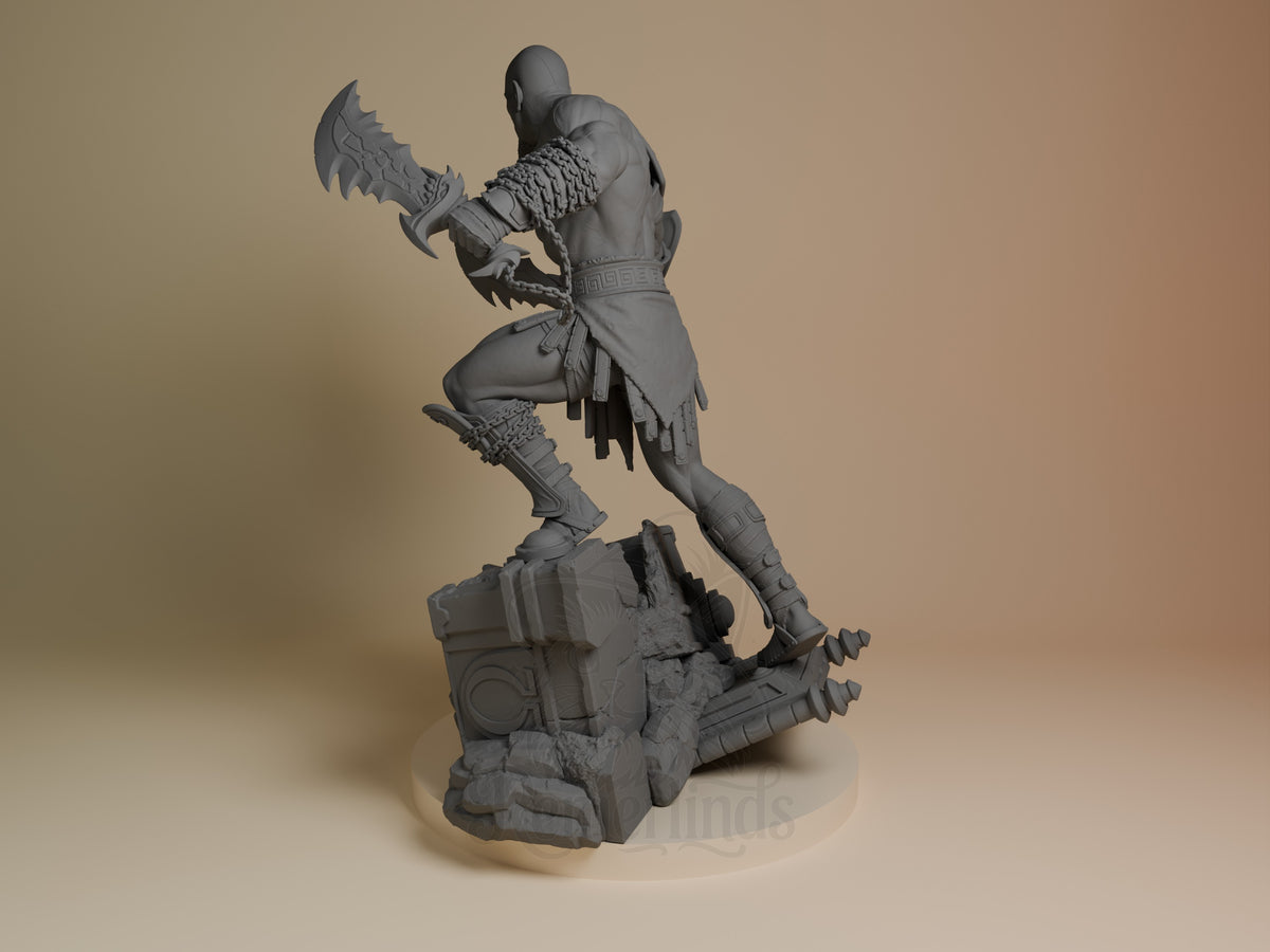 Kratos from God of War is an unpainted resin figure shown rear-left with chained blades and sculpted base.
