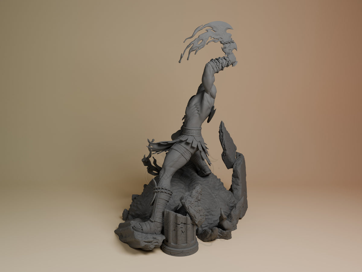Unpainted Kratos from God of War stands in profile as a resin figure on a rocky base.