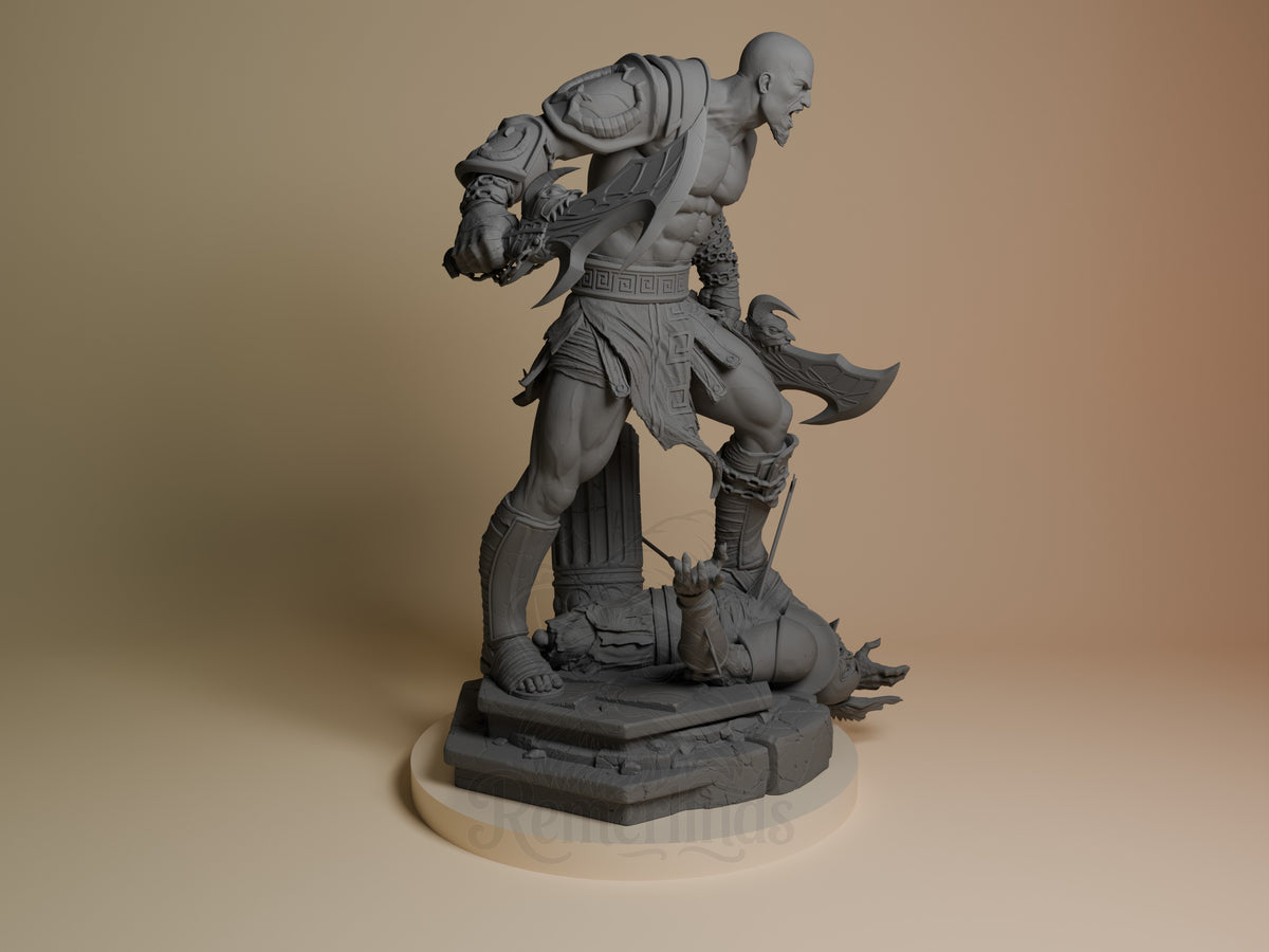 Kratos resin figure from God of War shown from the right side in dynamic pose, unpainted gray, carrying child on back while standing over defeated enemy on base.
