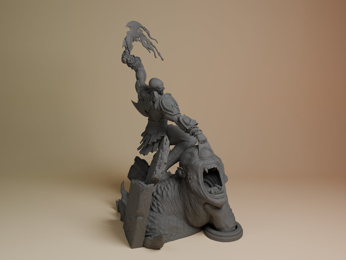 Kratos resin figure posed on elephant base, holding child figure aloft, unpainted gray finish, right-side angle view.