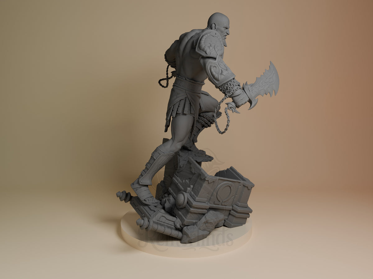 Kratos from God of War is an unpainted resin figure in profile, posed on a sculpted base.