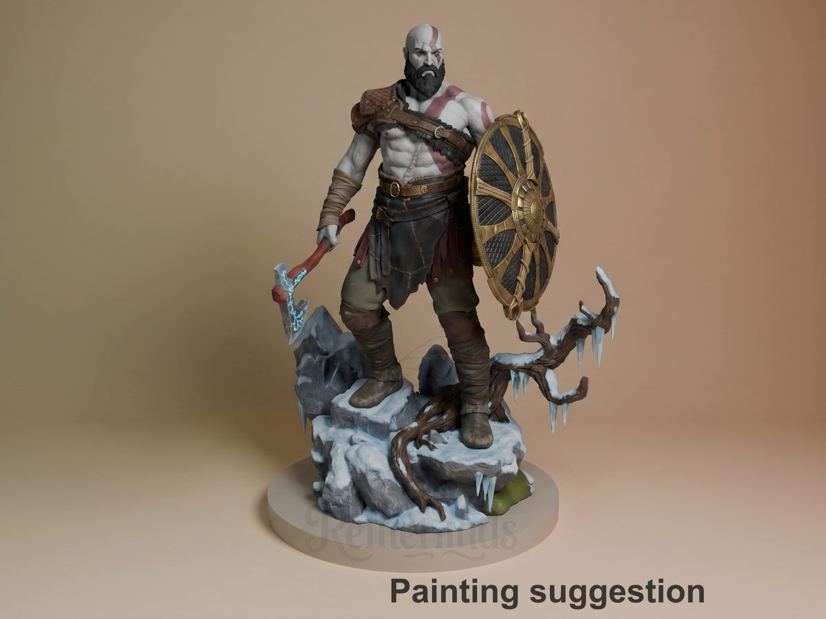 Kratos resin figure on icy base, holding axe and shield, painted in brown leather and white war paint, frontal pose against tan background.