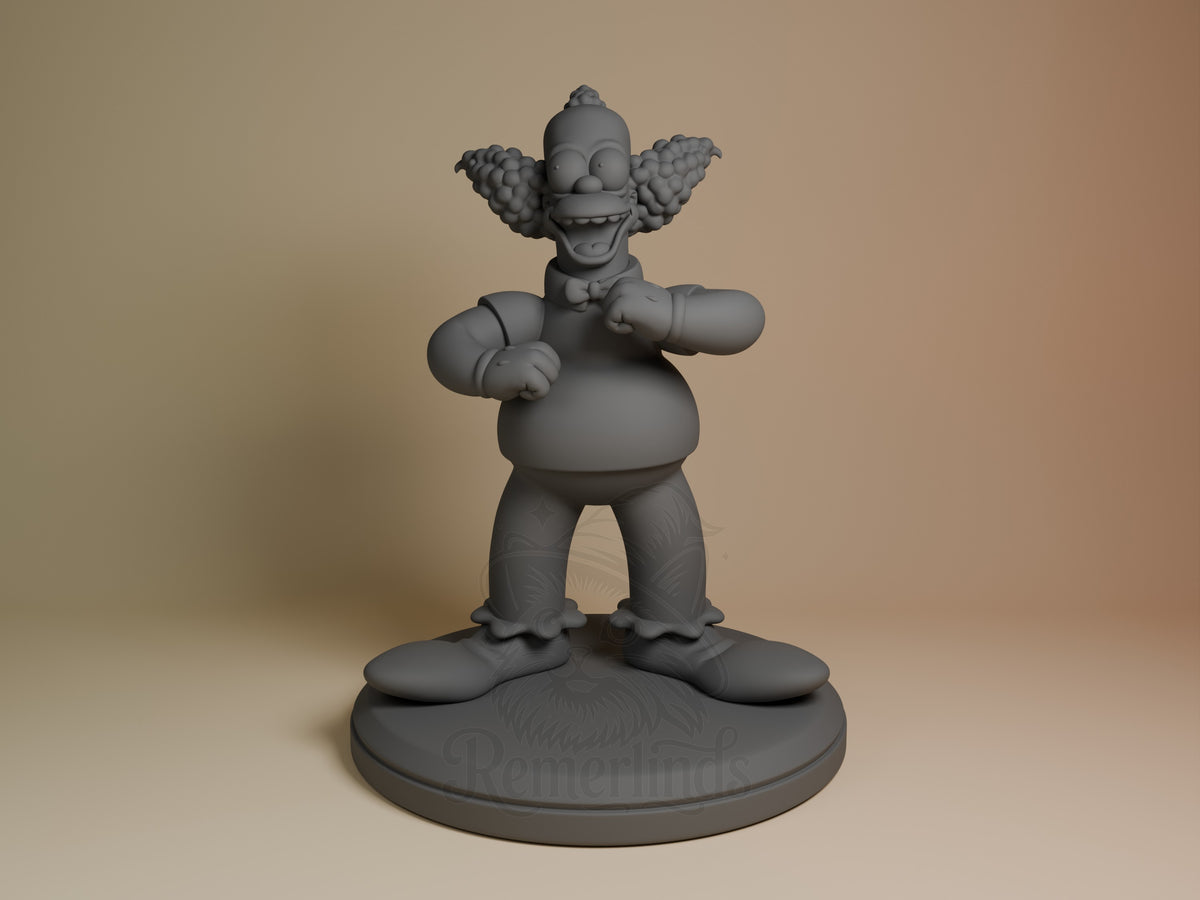 Cackles the Clown resin figure from Springfield Satire, unpainted gray, front view showing wide grin, raised arms with large hands, round body on circular base.