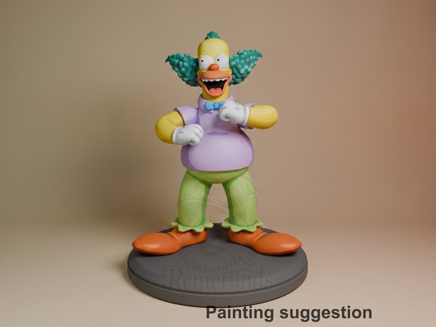 Cackles the Clown resin figure from Springfield Satire stands with arms raised on a dark base, painted in yellow, purple, green, and orange with teal hair.