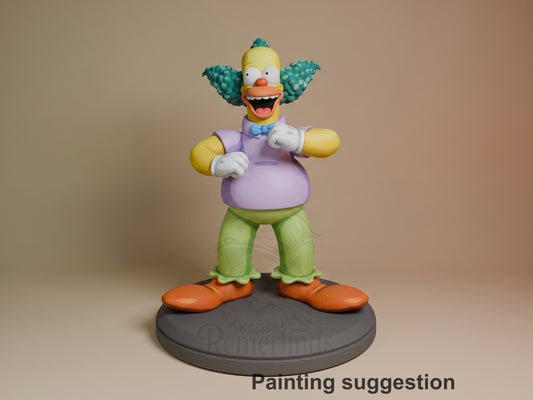 Cackles the Clown resin figure from Springfield Satire stands with arms raised on a dark base, painted in yellow, purple, green, and orange with teal hair.