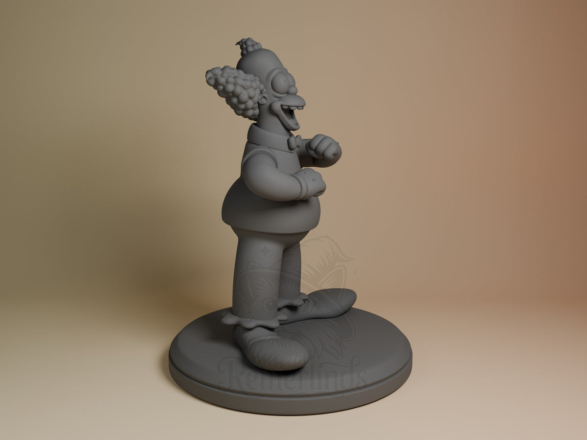 Cackles the Clown resin figure shown from right side profile, unpainted gray, standing on round base with exaggerated features and cartoonish pose.