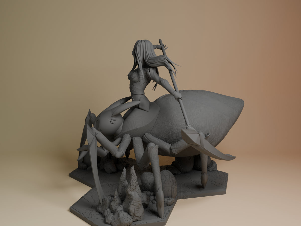 Unpainted angled resin figure of Kumoko and her Children from So I'm a Spider, So What? on a sculpted base.