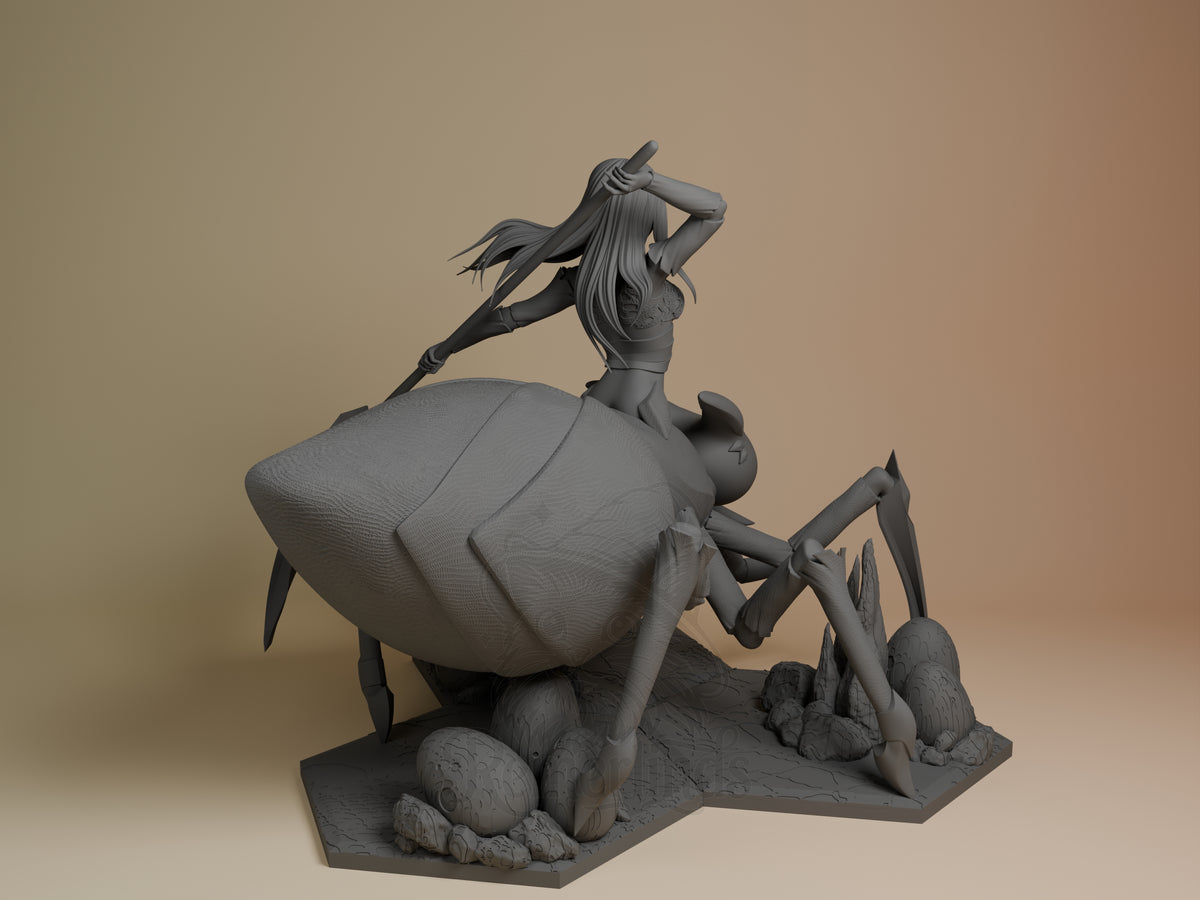 Rear view shows Kumoko and her Children from So I'm a Spider, So What? resin figure, unpainted with raised arm on a base.