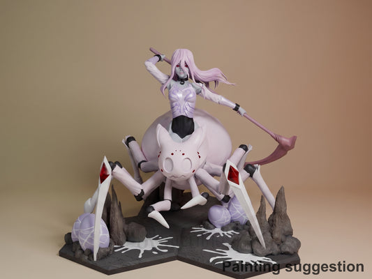 Kumoko and spider children resin figure, painted in white and purple, posed on rocky base with dynamic positioning and detailed paintwork.