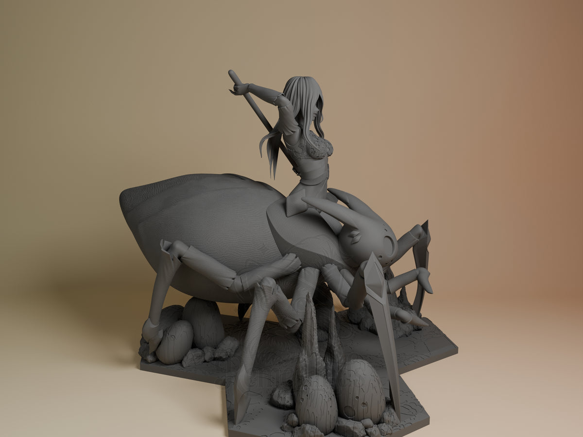 Right view shows unpainted Kumoko and her Children resin figure from So I'm a Spider, So What?, with raised arm, eggs, and a.