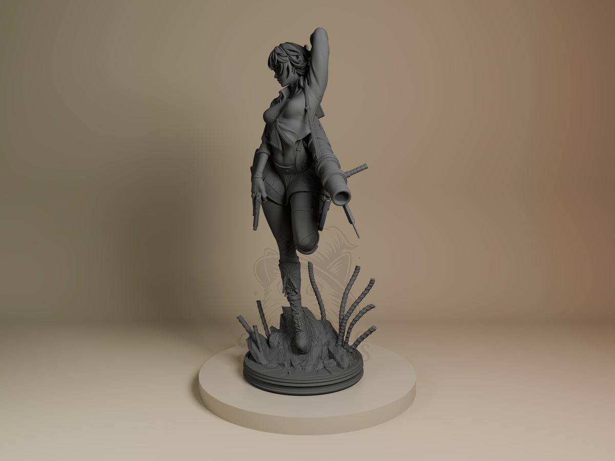 Lady from Devil May Cry 3 resin figure is unpainted, angled with cannon on a sculpted base.