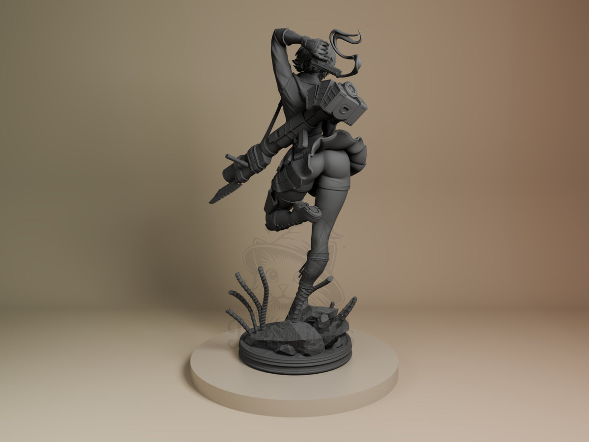 Lady from Devil May Cry 3 is seen from behind as an unpainted resin figure on a sculpted base.