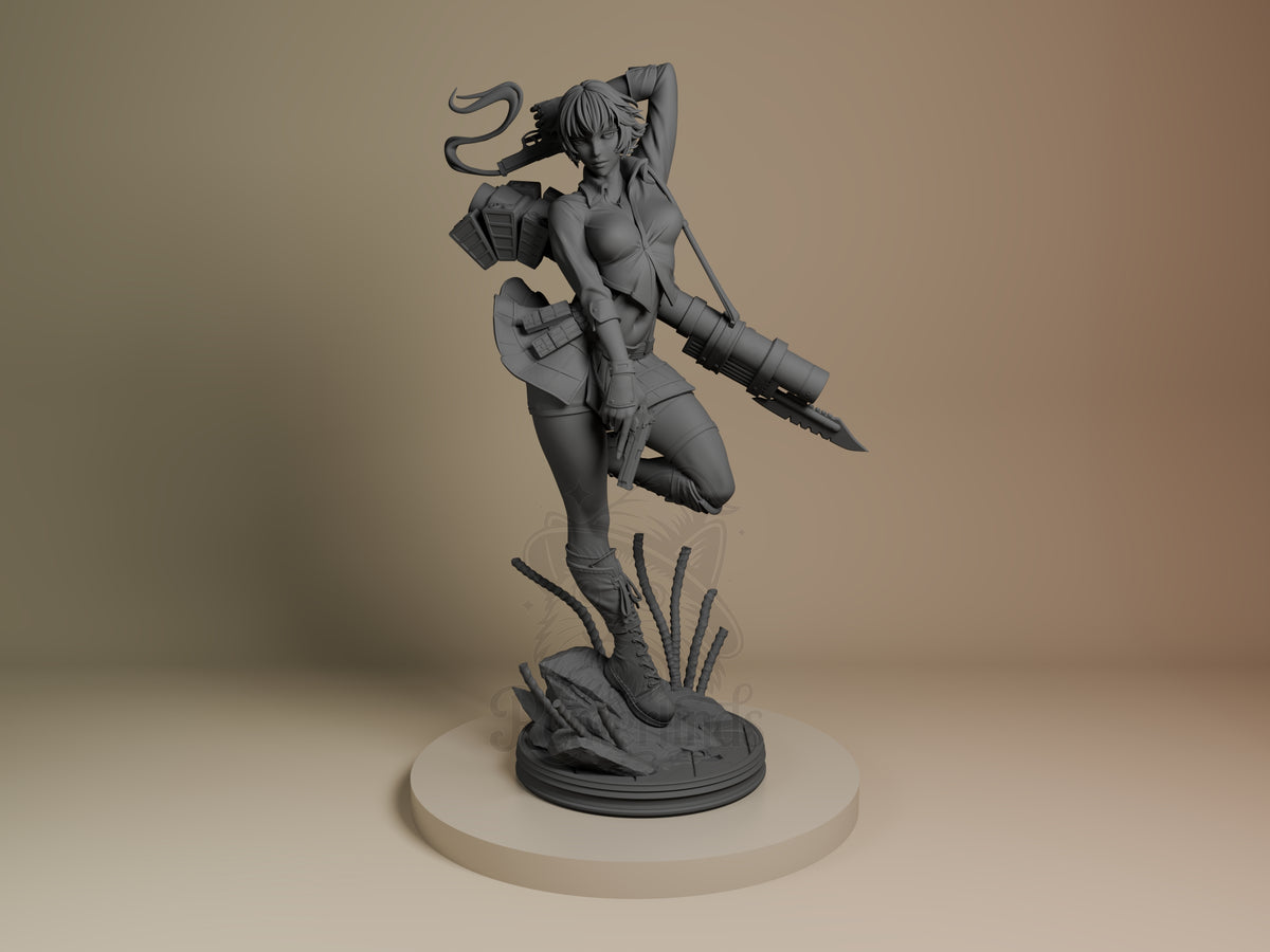 Lady from Devil May Cry 3 is an unpainted resin figure kneeling on a sculpted base.