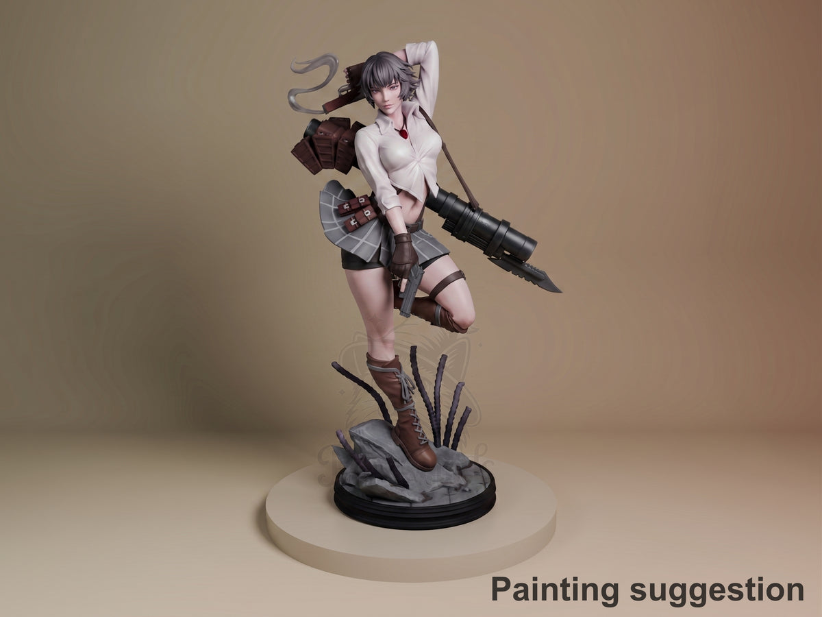 Painted Lady from Devil May Cry 3 resin figure poses with a cannon on a rocky base.