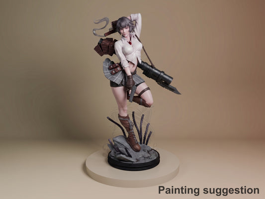 Lady from Devil May Cry 3 resin figure in dynamic jumping pose with weapon, painted in white shirt and brown details, on textured base.