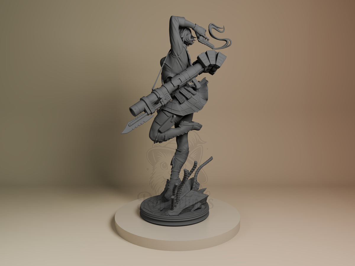 Lady from Devil May Cry 3 resin figure shown unpainted in a side pose with gun and sculpted base.