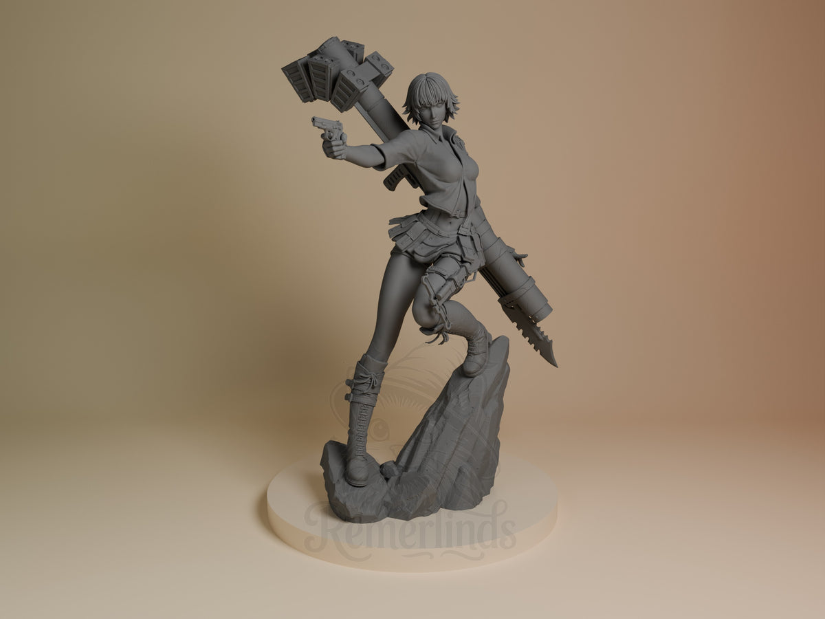 Lady Devil May Cry 3D printed resin figure by Nomnom, unpainted front view. The figure depicts Lady from Devil May Cry in a dynamic action stance, standing on a rock with one leg elevated and aiming a handgun forward. She carries a large rocket launcher on her back, emphasizing her readiness for combat. The detailed attire includes tactical gear and boots, complementing her aggressive and determined expression, set on a simple circular base for display.
