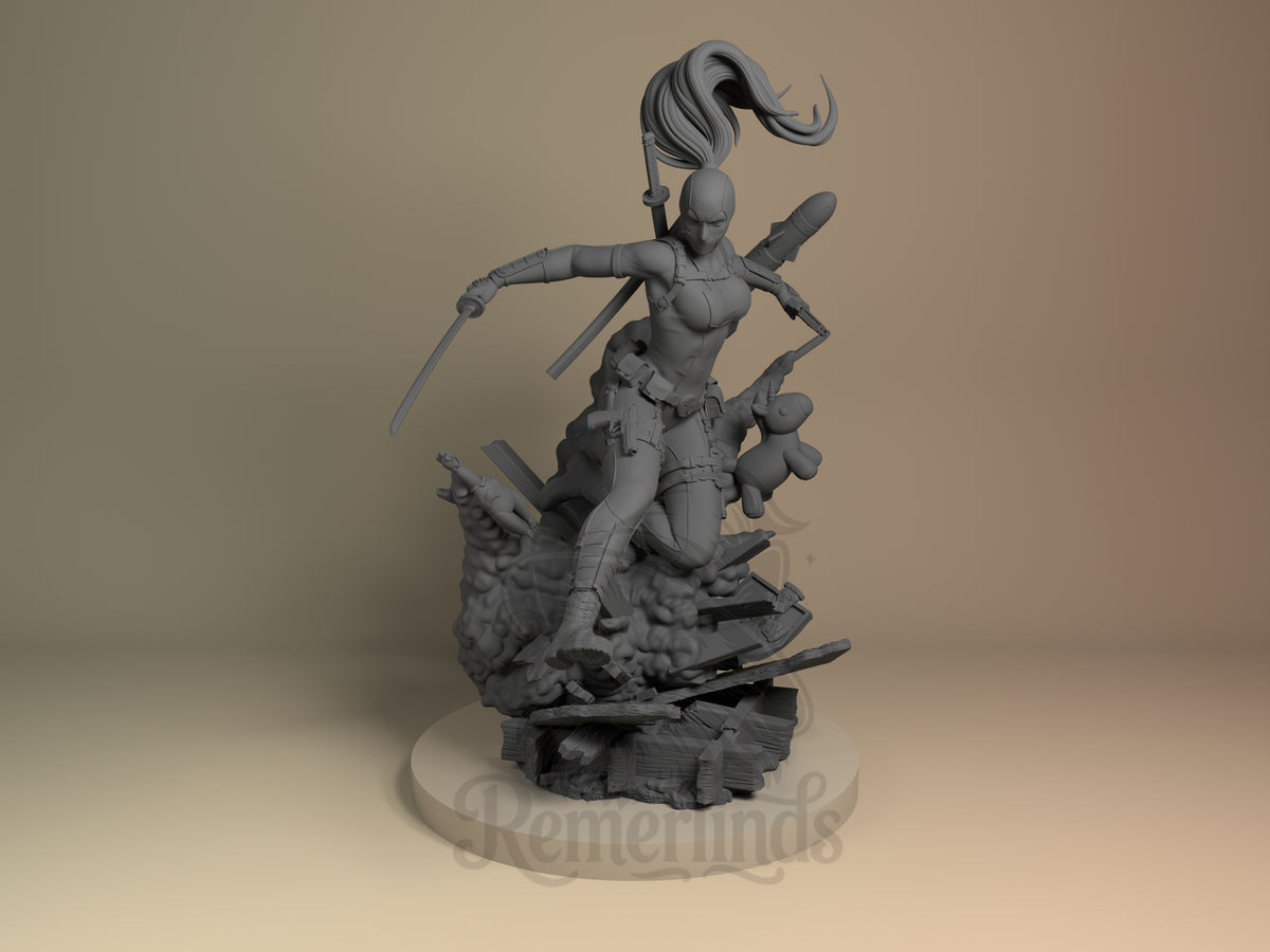 Masked Mercenary Antihero Chronicles 3D printed resin figure by Nomnom, unpainted front view. The figure depicts Lady Deadpool in a dynamic mid-action pose, poised to strike with dual swords. She is equipped with multiple blades, a utility belt, and a playful teddy bear at her waist, contrasting her fierce combat stance. The base artistically captures a burst of destruction with debris and smoke, elevating the figure's energetic and chaotic presence.