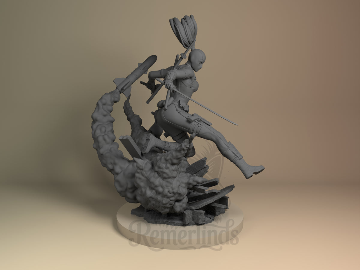 Right side angle highlighting notable pose or armor/prop feature.