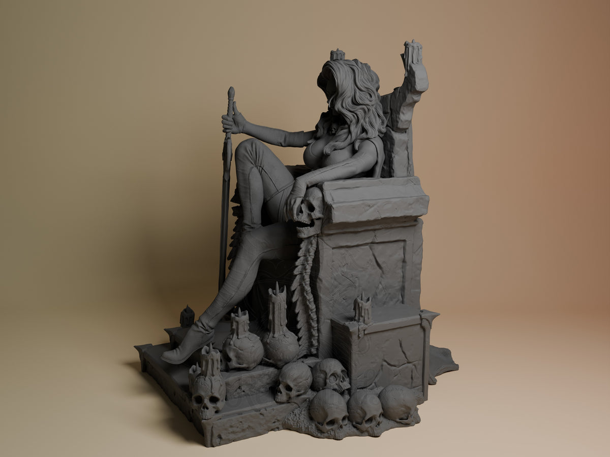 Lady Death from Lady Death is an unpainted resin figure shown seated at an angle with staff on a sculpted skull base.