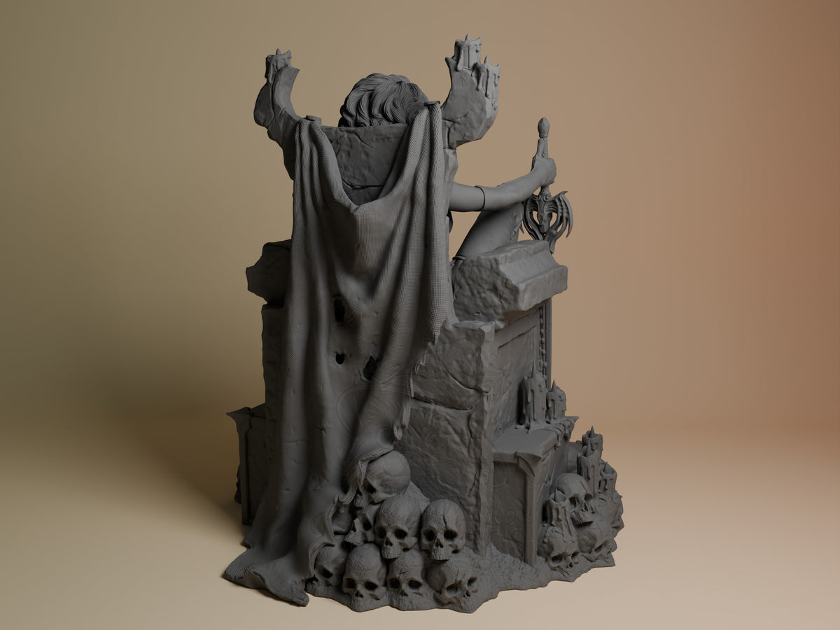 Lady Death from Lady Death is an unpainted resin figure viewed from behind with raised arms and skull base.