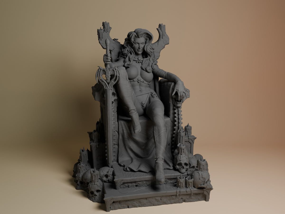 Front view shows Lady Death from Lady Death as an unpainted resin figure seated on a skull-decorated throne with candles.