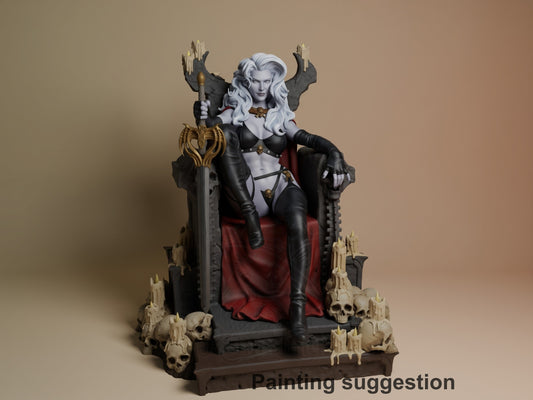 Painted Lady Death from Lady Death resin figure sits on throne with sword, skulls, and candles.