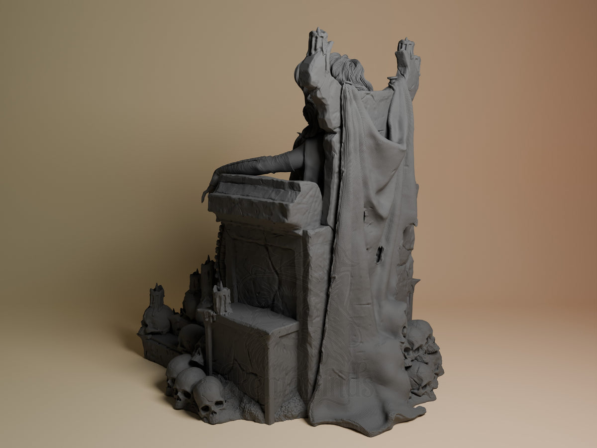 Lady Death from Lady Death is an unpainted resin figure seen from behind, arms raised above a skull-covered throne base.