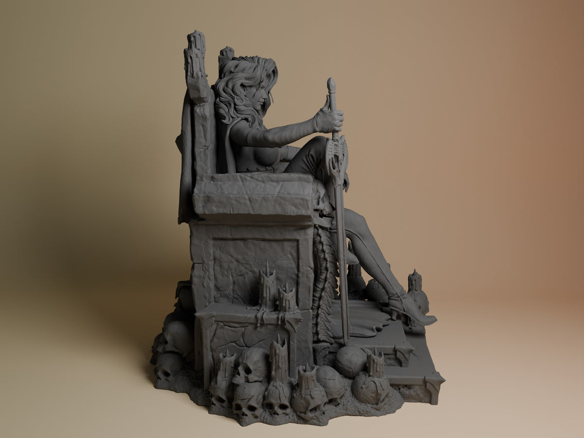 Lady Death from Lady Death is an unpainted resin figure seated with a sword on a skull base, viewed right.