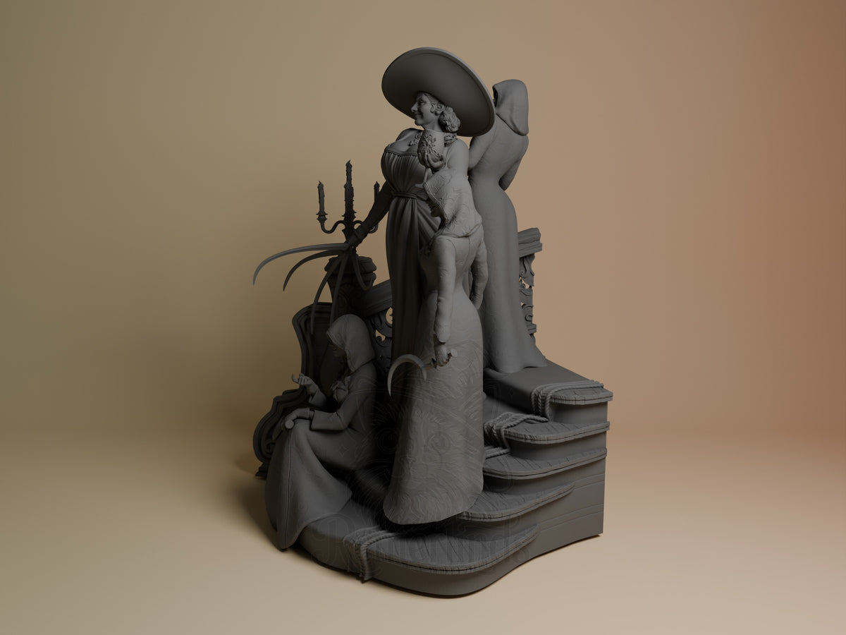 Lady Dimitrescu from Resident Evil is an unpainted resin figure shown angled, standing with a candelabrum on a sculpted base.