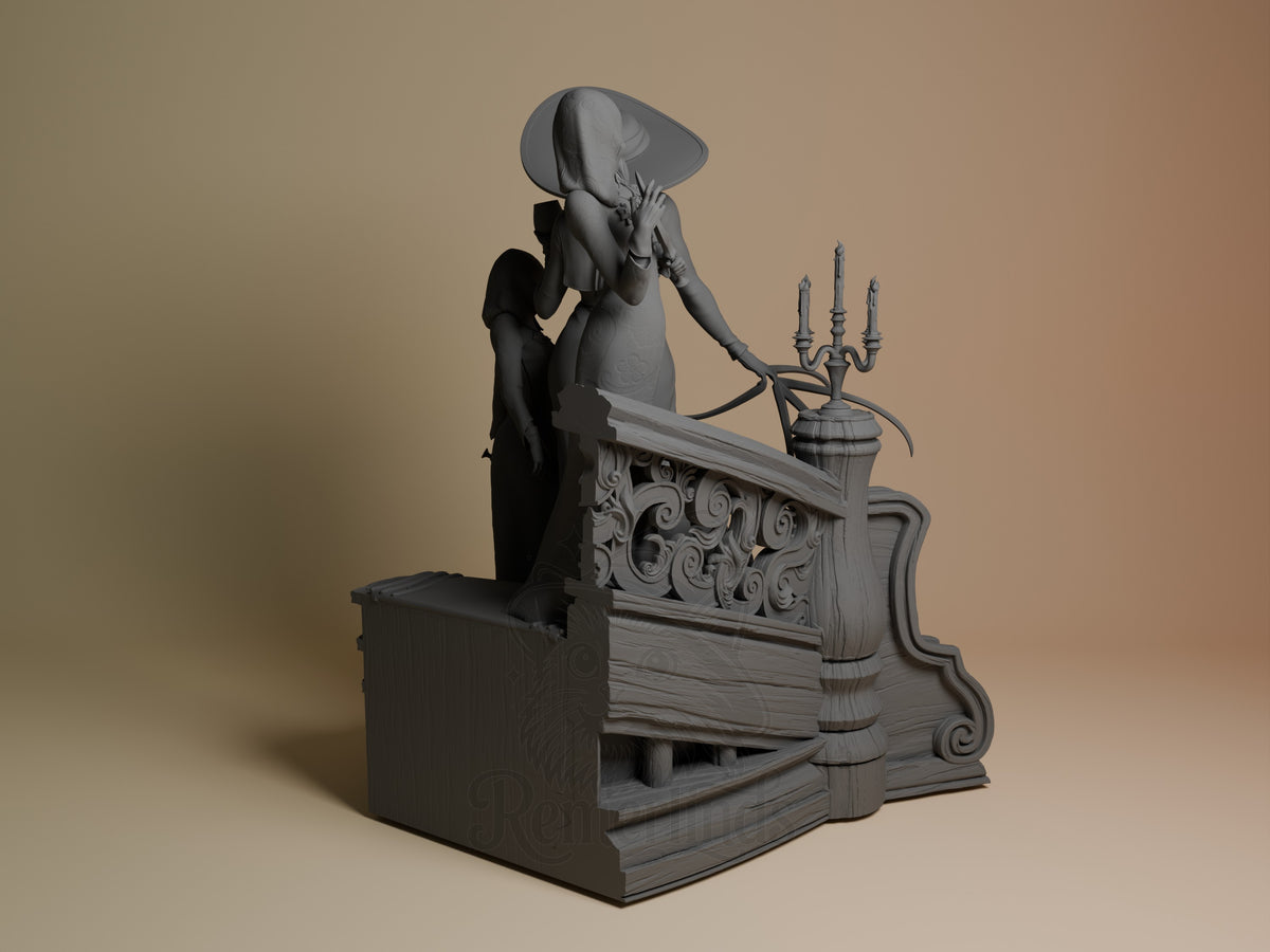 Lady Dimitrescu from Resident Evil is an unpainted resin figure viewed from behind on an ornate base.