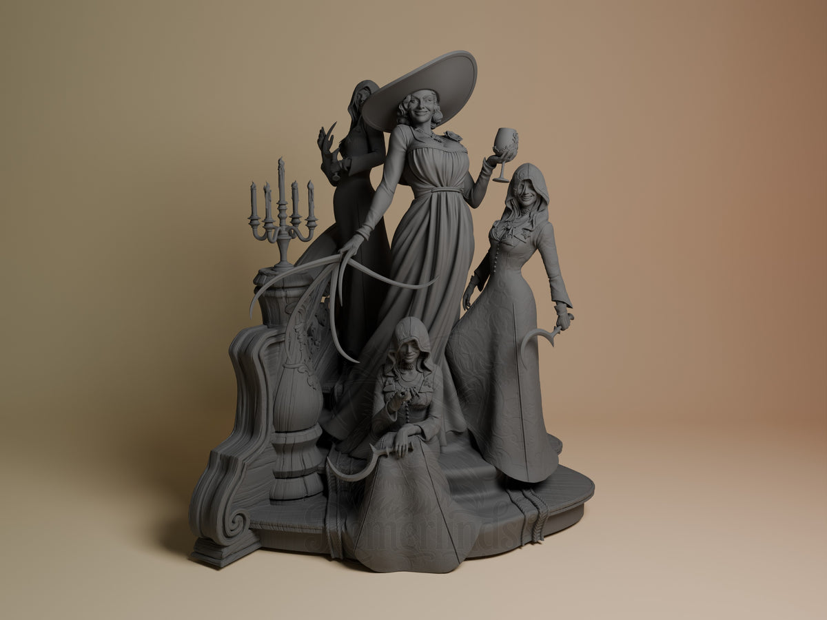 Lady Dimitrescu from Resident Evil stands posed as an unpainted resin figure on a sculpted base.