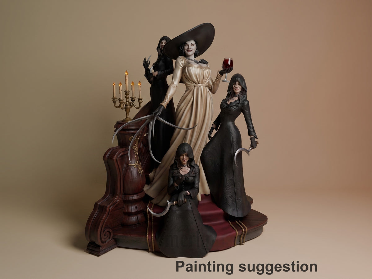 Painted resin figure of Lady Dimitrescu from Resident Evil is posed on a sculpted base.