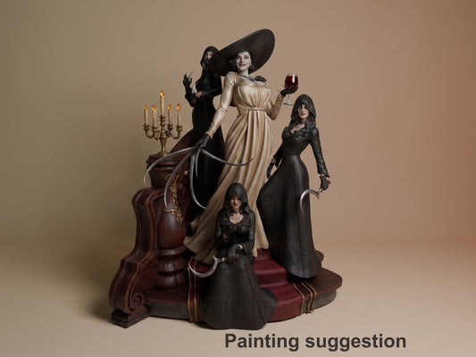 Painted resin figure of Lady Dimitrescu from Resident Evil is posed on a sculpted base.