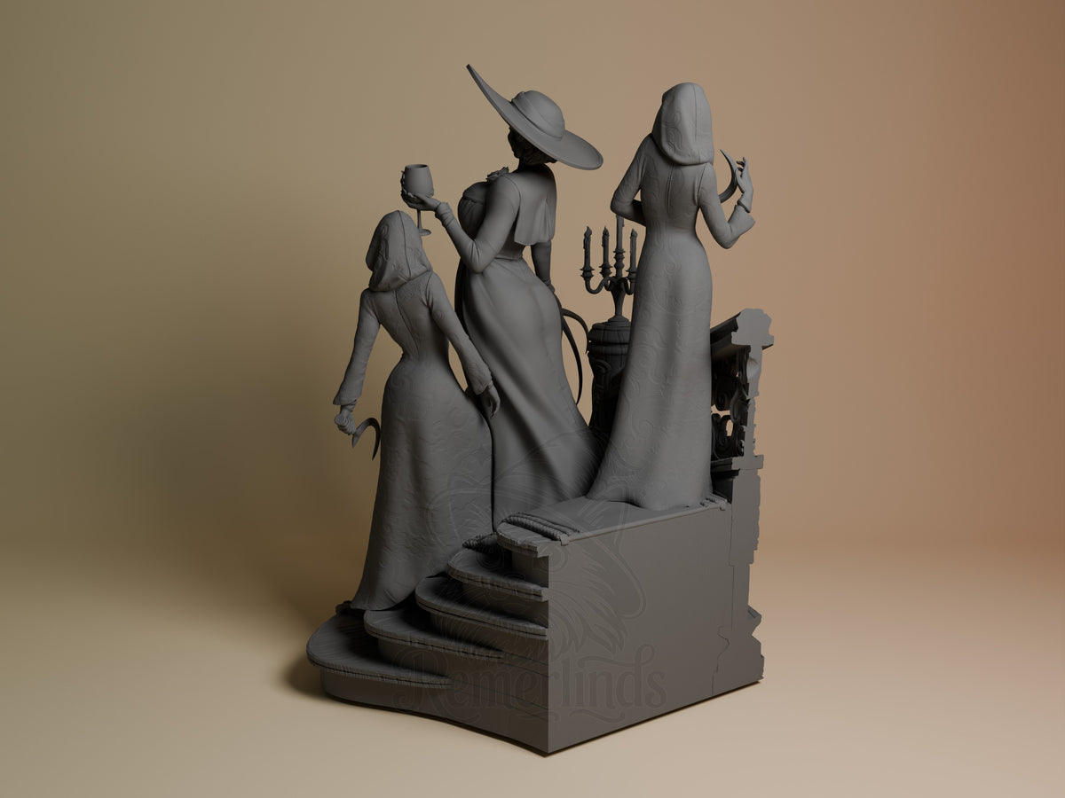 Unpainted Lady Dimitrescu from Resident Evil resin figure viewed from behind with two figures on a tiered sculpted base.