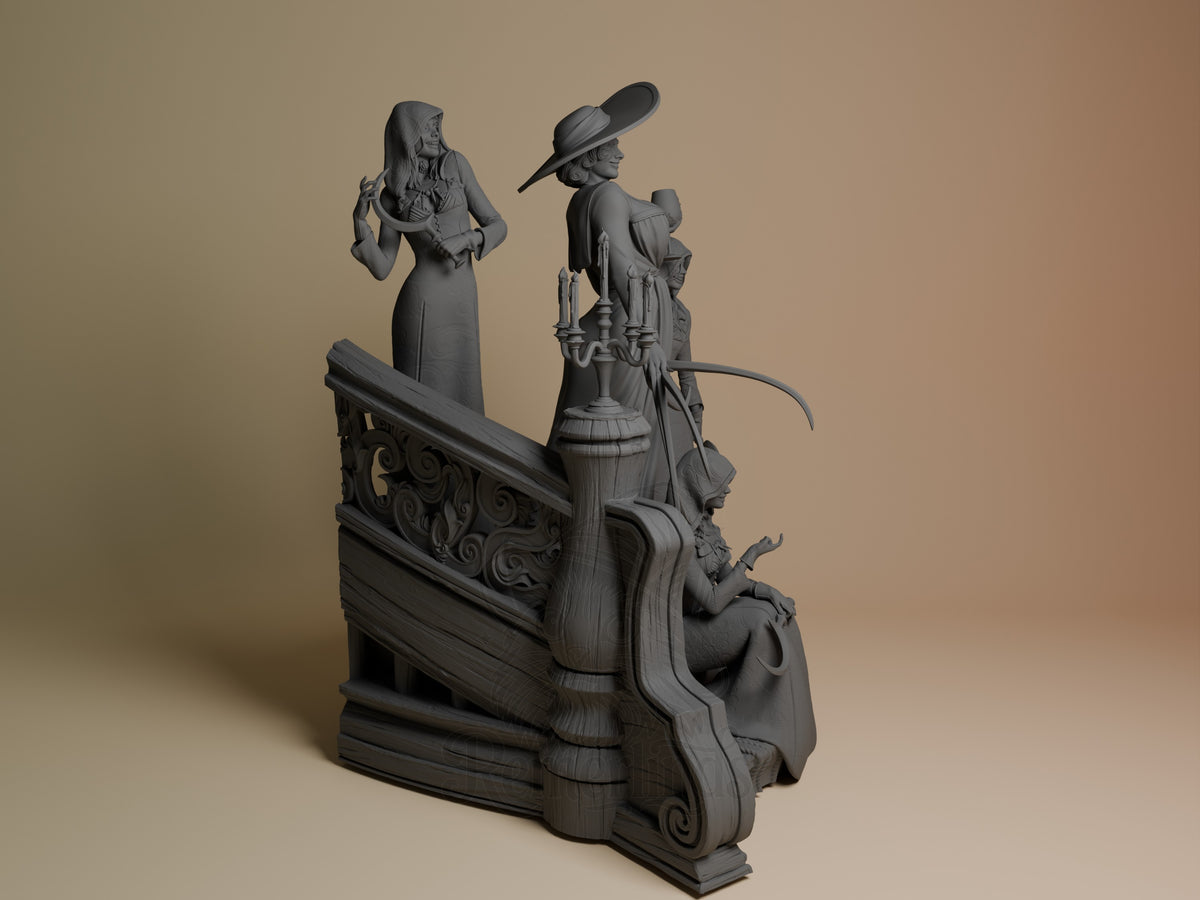 Lady Dimitrescu from Resident Evil is a gray, unpainted resin figure with seated and standing poses on an ornate base.