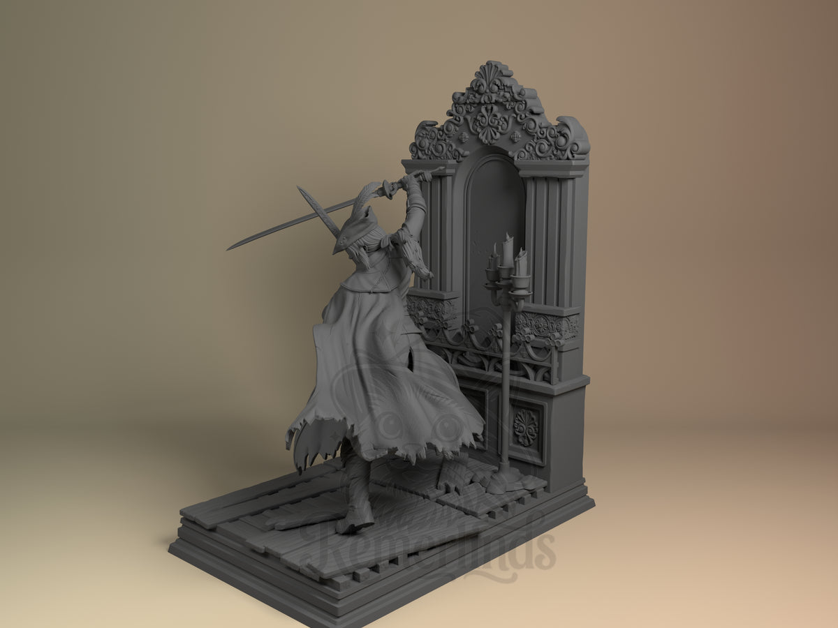 Angled Lady Maria from Bloodborne, an unpainted resin figure, raises a sword on an ornate base.