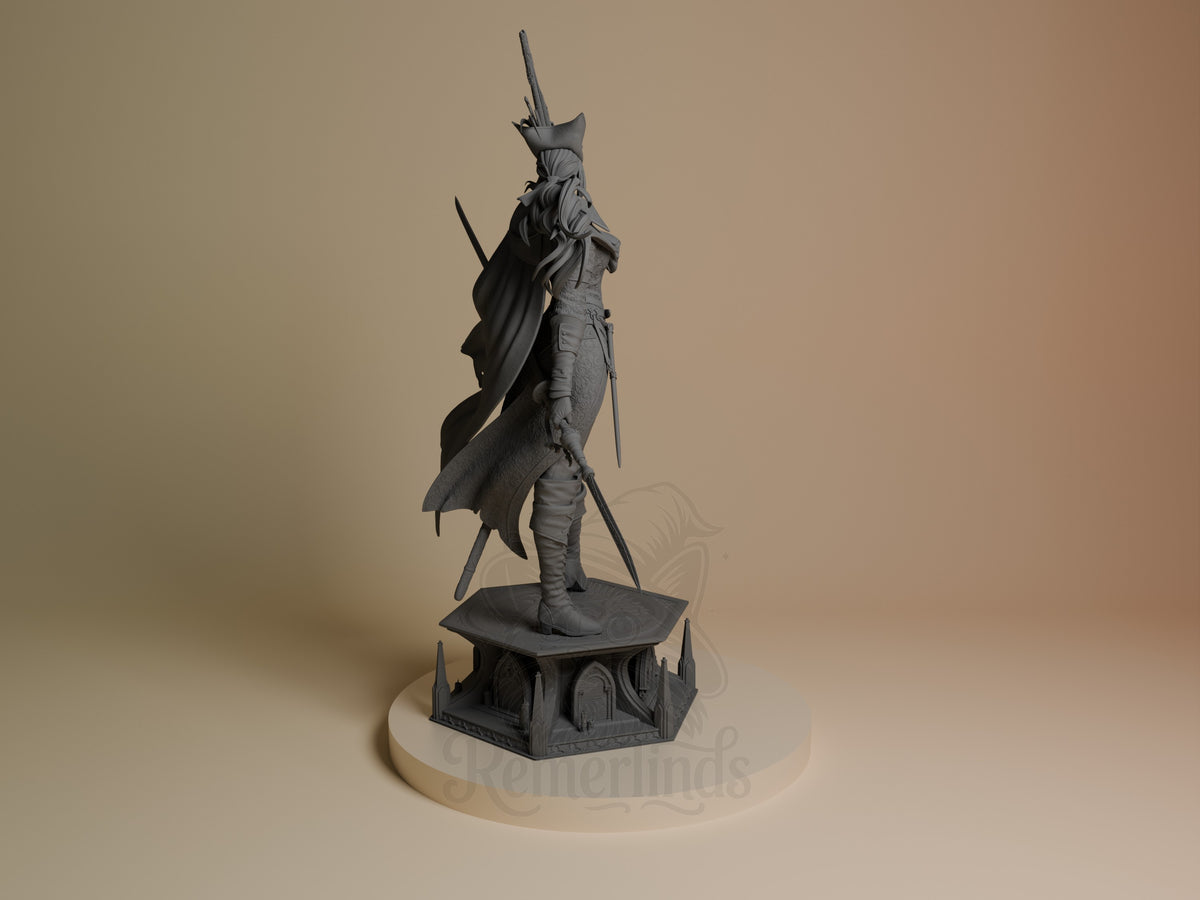 Back view of Noble Blade from Gothic Hunt, an unpainted resin figure with cape and sword on a gothic base.