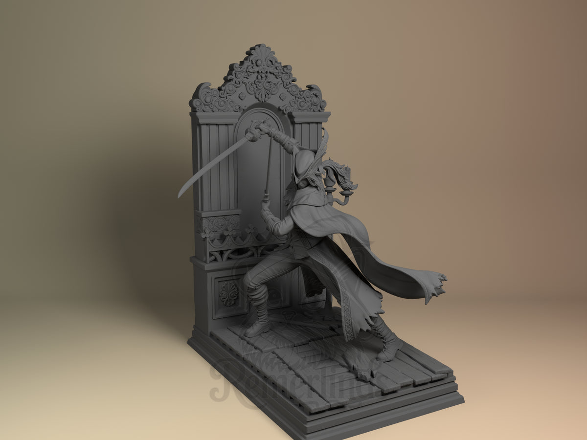 Lady Maria from Bloodborne resin figure is unpainted in a front three-quarter pose with raised swords on an ornate base.