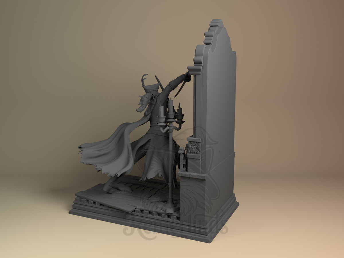 Lady Maria from Bloodborne is an unpainted resin figure shown from the left, drawing a bow beside a candelabra and tombstone.