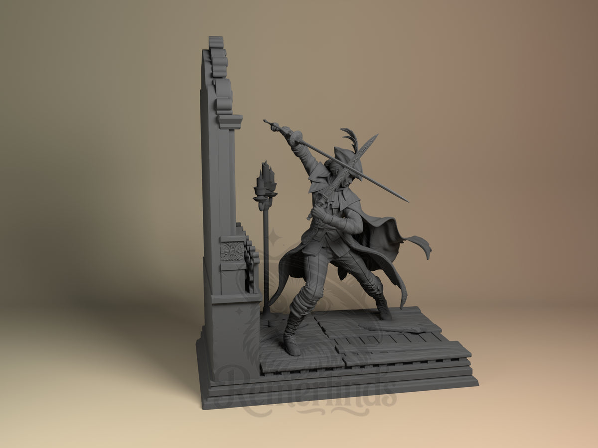 Lady Maria from Bloodborne is an unpainted resin figure posed with crossed swords on a gothic base.